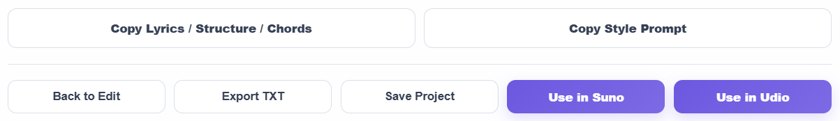 Generate output actions showing Copy Lyrics / Structure / Chords, Copy Style Prompt, Use in Suno and Use in Udio
